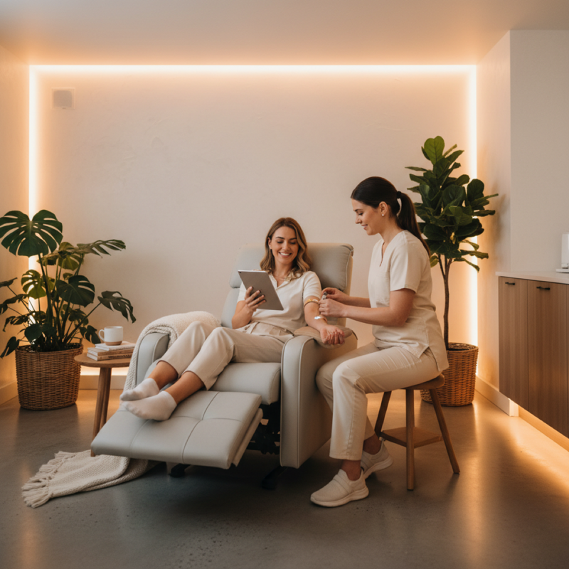 Donor relaxing in a comfortable Genio studio while giving a blood sample
